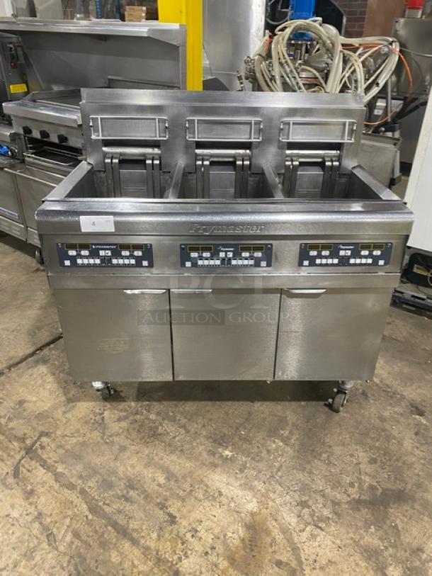 Frymaster Commercial Stainless Steel Electric Powered 3-Bay Deep Fat Fryer System! With Digital Controls! With Back Splash & Basket Hangers! Model: BIHK314CSD SN: 0808MU0001! 208V 3 Phase! On Casters! - Image 1 of 11