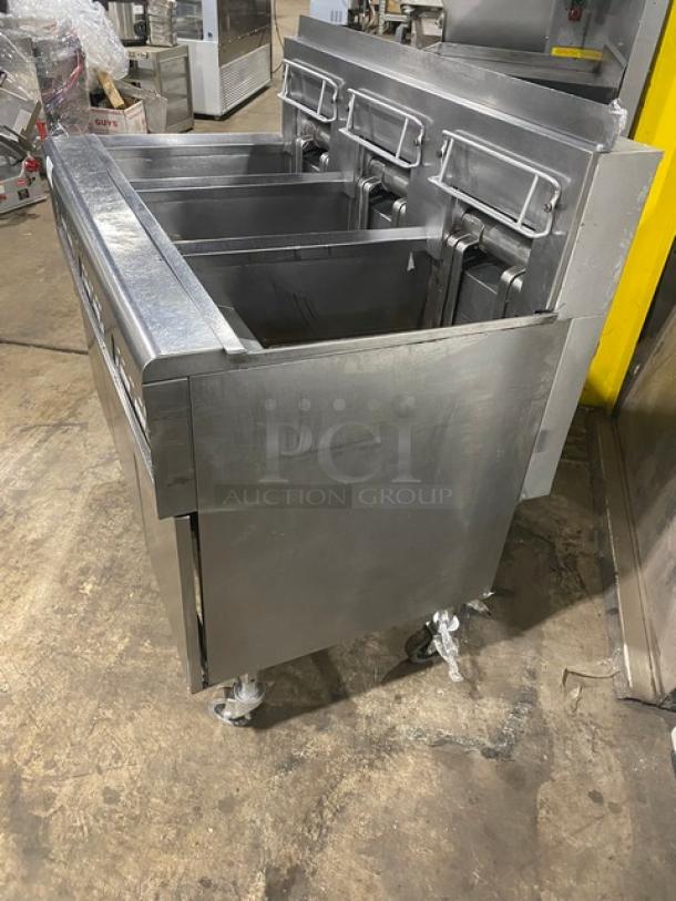Frymaster Commercial Stainless Steel Electric Powered 3-Bay Deep Fat Fryer System! With Digital Controls! With Back Splash & Basket Hangers! Model: BIHK314CSD SN: 0808MU0001! 208V 3 Phase! On Casters! - Image 2 of 11