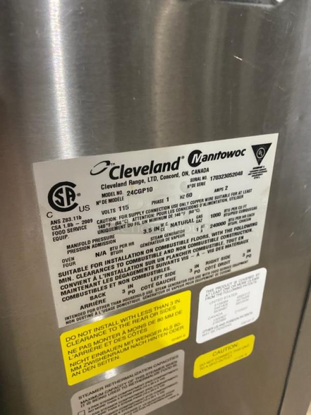 Cleveland Range SteamCraft Power-10 Series Commercial Stainless Steel Natural Gas Powered Dual Compartment 10-Pan Convection Steamer! With Boiler Base! With Individual Controls & Built In Pan Holding Racks! Model: 24CGP10 SN:170323052048! 115V 1 Phase! On Legs! - Image 5 of 11