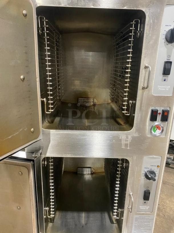 Cleveland Range SteamCraft Power-10 Series Commercial Stainless Steel Natural Gas Powered Dual Compartment 10-Pan Convection Steamer! With Boiler Base! With Individual Controls & Built In Pan Holding Racks! Model: 24CGP10 SN:170323052048! 115V 1 Phase! On Legs! - Image 6 of 11