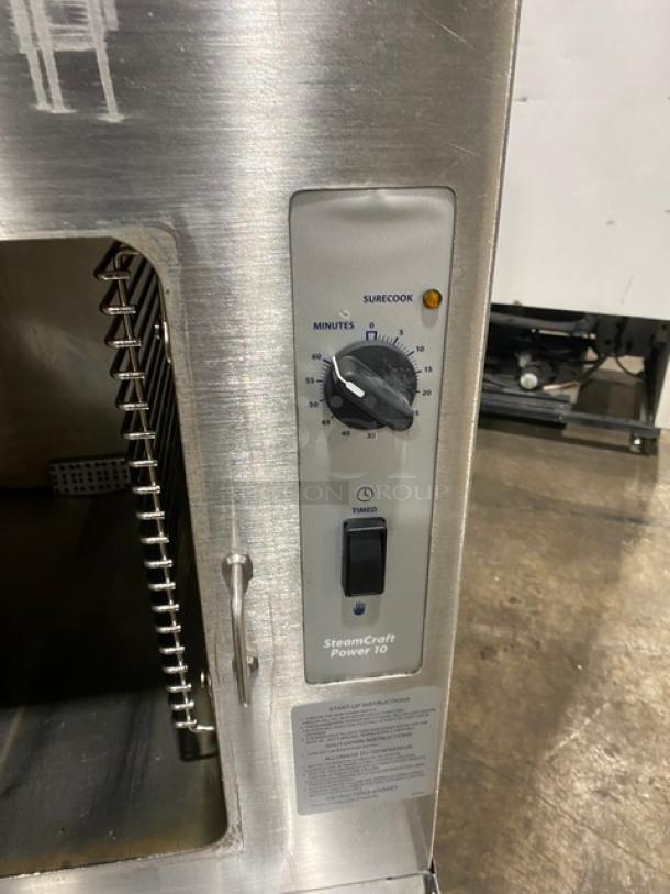 Cleveland Range SteamCraft Power-10 Series Commercial Stainless Steel Natural Gas Powered Dual Compartment 10-Pan Convection Steamer! With Boiler Base! With Individual Controls & Built In Pan Holding Racks! Model: 24CGP10 SN:170323052048! 115V 1 Phase! On Legs! - Image 9 of 11