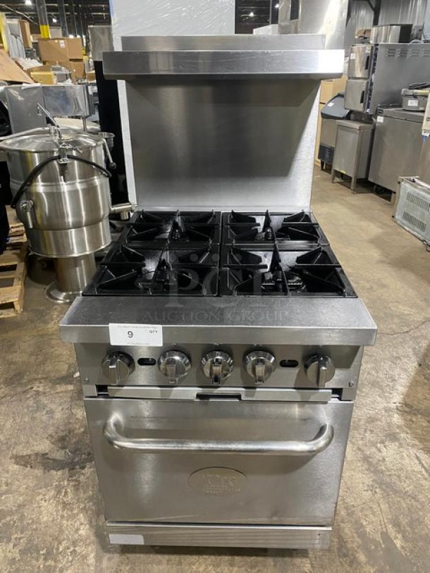 CPG Commercial Stainless Steel Natural Gas Powered 4 Burner Range/Oven Combo! With Back Splash & Overhead Salamander Shelf! With Wired Oven Rack! Model: 351S24N SN: 12217160! On Casters! - Image 1 of 10
