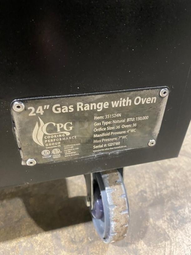 CPG Commercial Stainless Steel Natural Gas Powered 4 Burner Range/Oven Combo! With Back Splash & Overhead Salamander Shelf! With Wired Oven Rack! Model: 351S24N SN: 12217160! On Casters! - Image 9 of 10