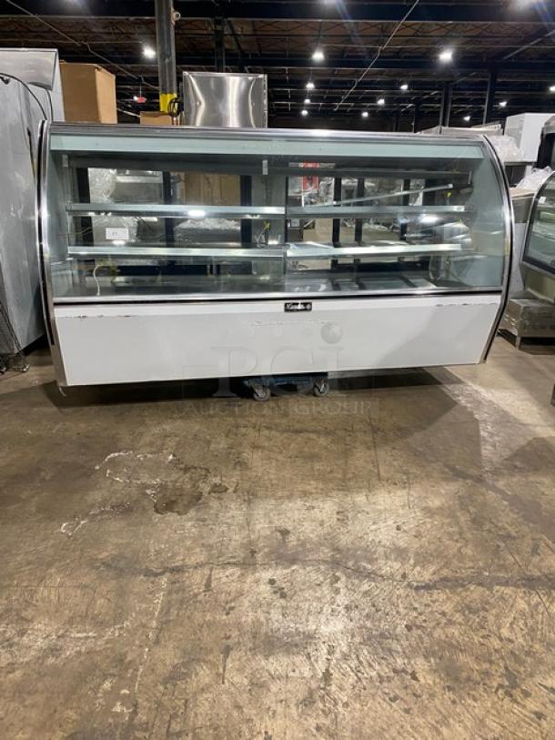 Leader Commercial Stainless Steel Curved Glass 96" Refrigerated Multi-Tier Deli Merchandiser Display Showcase! With Rear Double Sliding Glass Doors! With Lower Overstock Storage! Model: NRHD96R SN: PV11S3001! 115V 1 Phase! - Image 1 of 8