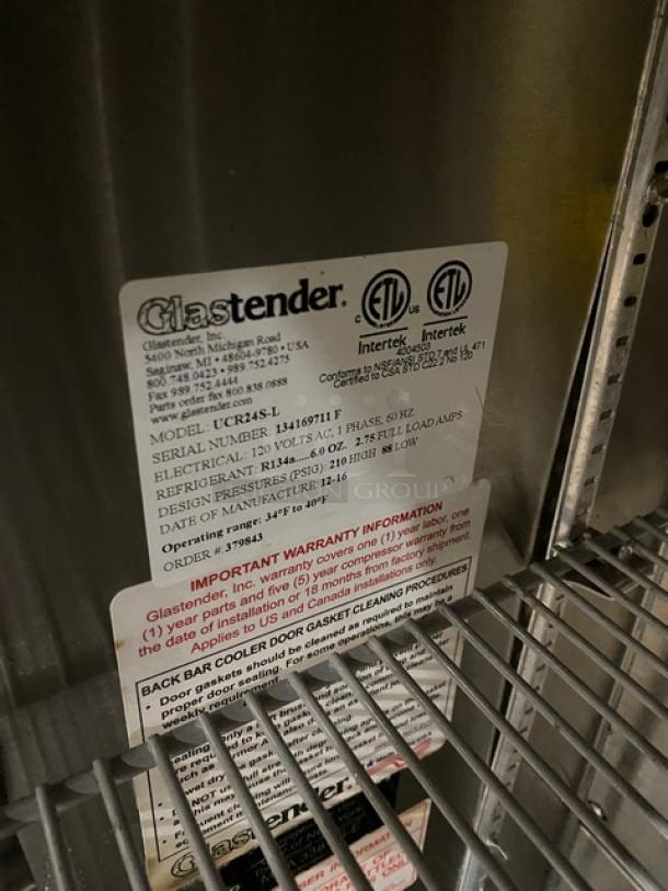 GlasTender Commercial Stainless Steel Solid Single Door Undercounter Refrigerator! With Poly Coated Wire Rack! Model: UCR24S-L SN: 134169711F! 120V 1 Phase! On Casters! - Image 6 of 7