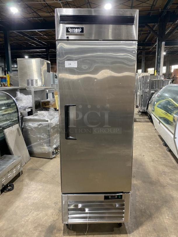 Bison! 2019 Late Model! B-Series Commercial Stainless Steel Solid Single Door Reach In Freezer! With Poly Coated Wire Racks! Model: BRF-21 SN: BRF-2100319011100K80002! 115V 1 Phase! On Casters! - Image 1 of 9