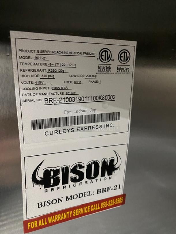 Bison! 2019 Late Model! B-Series Commercial Stainless Steel Solid Single Door Reach In Freezer! With Poly Coated Wire Racks! Model: BRF-21 SN: BRF-2100319011100K80002! 115V 1 Phase! On Casters! - Image 7 of 9