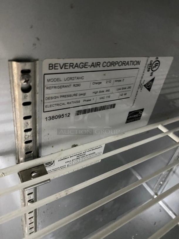 Beverage-Air Commercial Stainless Steel Single Door Undercounter Worktop Refrigerator! Energy Star Certified! Energy Star Certified! With Poly Coated Wire Rack! Model: UCR27AHC SN: 13809512! 115V 1 Phase! On Casters! - Image 6 of 7