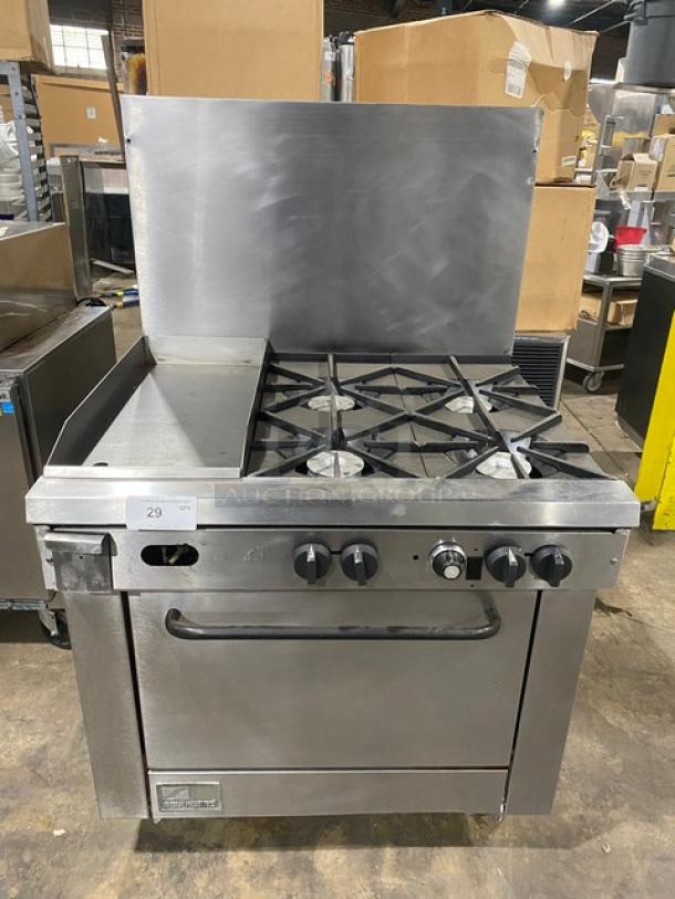 Southbend Commercial Stainless Steel Natural Gas Powered 4 Burner Range/Flat Griddle Split Top & Oven Combo! With Back Splash! With Wire Oven Rack! Model: X336D-1GL SN: 04C65469! On Casters! Working When Removed! - Image 1 of 11