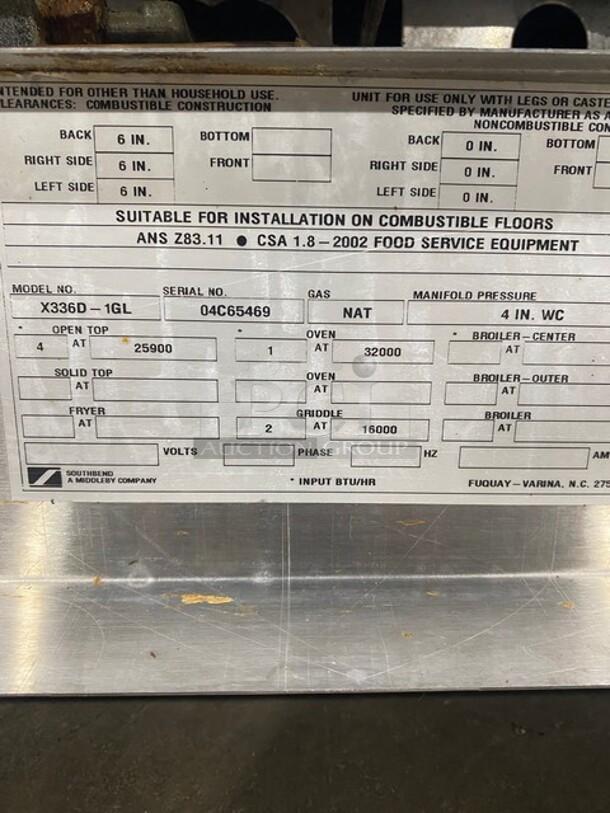 Southbend Commercial Stainless Steel Natural Gas Powered 4 Burner Range/Flat Griddle Split Top & Oven Combo! With Back Splash! With Wire Oven Rack! Model: X336D-1GL SN: 04C65469! On Casters! Working When Removed! - Image 11 of 11