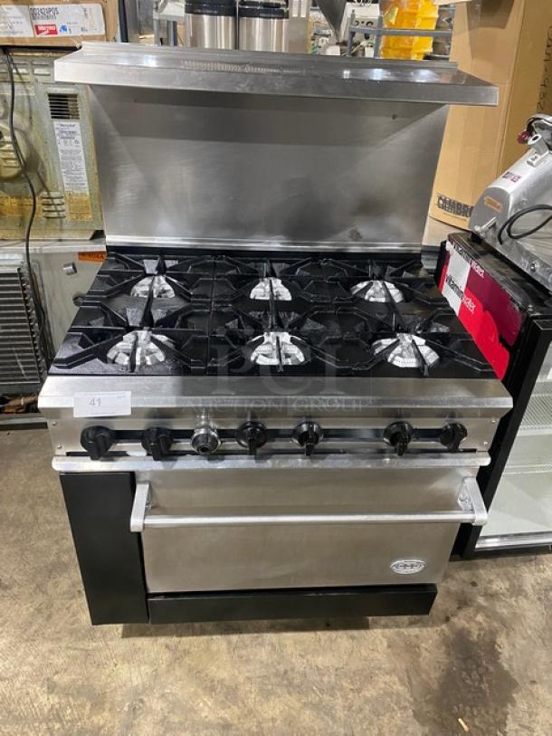 DCS Commercial Stainless Steel Natural Gas Powered 6 Burner Range/Oven Combo! With Back Splash & Overhead Salamander Shelf! With Wired Oven Racks! - Image 1 of 9