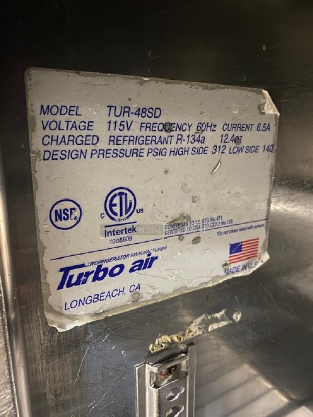 Turbo Air Super Deluxe Series Commercial Stainless Steel 2 Door Refrigerated Undercounter Worktop Cooler! With Wire Racks! Model: TUR-48SD! 115V! On Casters! - Image 6 of 7
