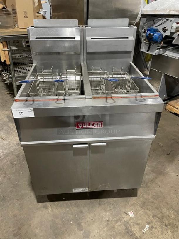 Vulcan Commercial Stainless Steel Natural Gas Powered Double Bay Deep Fat Fryer! With Back Splash & Basket Hangers! With Frying Baskets! Model: 2GR45MF SN: 48-1650173! On Casters! - Image 1 of 9