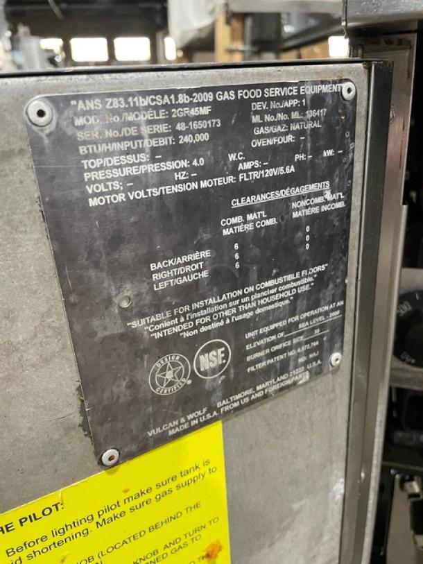 Vulcan Commercial Stainless Steel Natural Gas Powered Double Bay Deep Fat Fryer! With Back Splash & Basket Hangers! With Frying Baskets! Model: 2GR45MF SN: 48-1650173! On Casters! - Image 8 of 9