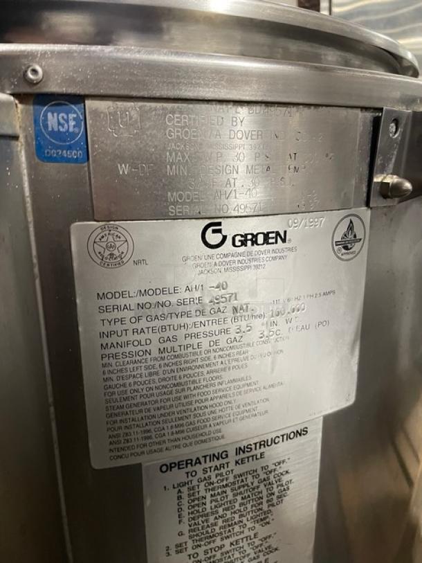 Groen Commercial Stainless Steel Natural Gas Powered Steam Jacketed 40 Lb. Stationary Steam Kettle! Model: AH/1-40 SN: 49571! 115V 1 Phase! On Legs! - Image 7 of 8