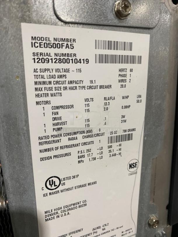 Ice-O-Matic Commercial Stainless Steel Electric Powered Air-Cooled Ice Making Machine Head! Energy Star Certified! Model: ICE0500FA5 SN: 12091280010419! 115V 1 Phase! With Heavy Duty Ice Storage Bin! With Lift-Up Style Access Door! On Legs! ALL ONE MONEY! - Image 5 of 7