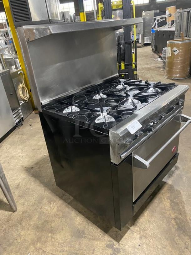 DCS Commercial Stainless Steel Natural Gas Powered 6 Burner Range/Oven Combo! With Back Splash & Overhead Salamander Shelf! With Wired Oven Racks! On Legs! - Image 2 of 9