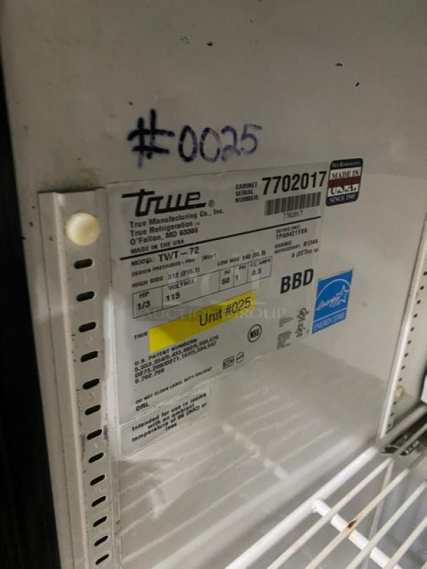 True Commercial Stainless Steel 3 Door Refrigerated 72" Worktop Table! Energy Star Certified! With Up Turned Back Splash! With Poly Coated Wire Racks! Model: TWT-72 SN: 7702017! 115V 1 Phase! On Casters! - Image 7 of 8