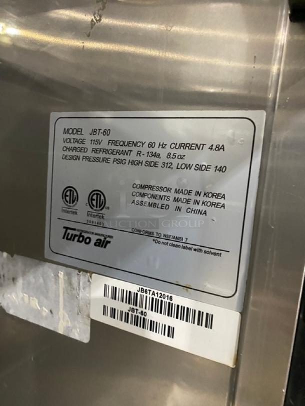 Turbo-Air Commercial Stainless Steel 2 Door Refrigerated Buffet Style Cold Food/Salad Bar Display Table! With Clear Overhead Sneeze Guard! Model: JBT-60 SN: JB6TA12016! 115V 1 Phase! On Casters! - Image 8 of 10
