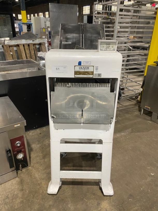 Oliver Commercial White Electric Powered Free Standing Gravity Feed Bread Slicer Machine! With Stainless Steel Worktop! Model: 797-32-NC SN: 164680! 115V 1 Phase! On Casters! - Image 1 of 9