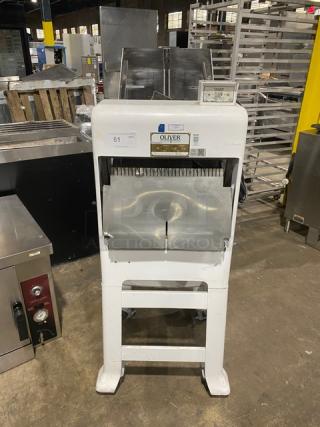 Oliver Commercial White Electric Powered Free Standing Gravity Feed Bread Slicer Machine! With Stainless Steel Worktop! Model: 797-32-NC SN: 164680! 115V 1 Phase! On Casters!