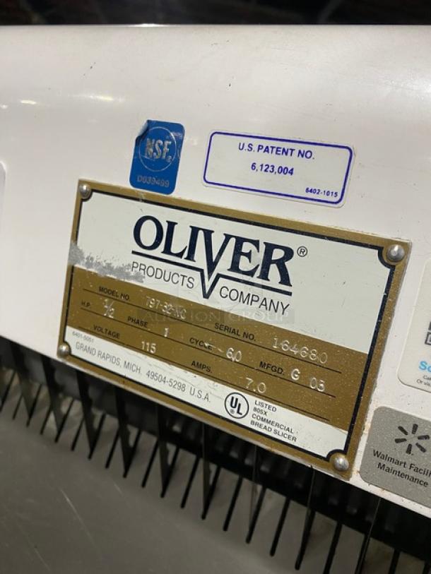 Oliver Commercial White Electric Powered Free Standing Gravity Feed Bread Slicer Machine! With Stainless Steel Worktop! Model: 797-32-NC SN: 164680! 115V 1 Phase! On Casters! - Image 8 of 9
