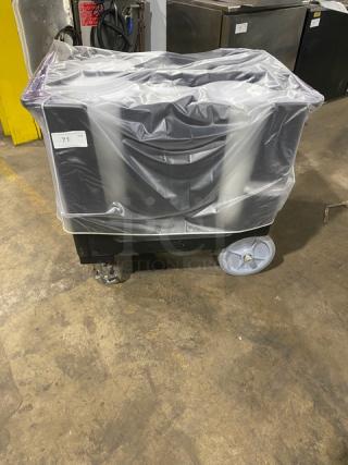 Commercial Black Poker-Style Mobile Dish Dolly/Caddy! With Commercial White Round Dinnerplates! On Casters! ALL ONE MONEY!
