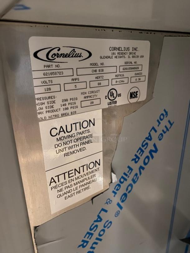 Cornelius Commercial Stainless Steel Electric Powered Self-Contained Automatic Cold Nitro Brew Bag-In-Box Dispenser Machine! With Single Tower Double Tap! With Drip Tray! Model: CNB BIB SN: 6201850NB020! 120V! - Image 7 of 9