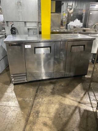True Commercial Stainless Steel Solid 2 Door Refrigerated Bar Back Cooler! With Stainless Steel Worktop! With Poly Coated Wire Racks! Model: TBB-3-S SN: 6640829! 115V 1 Phase!