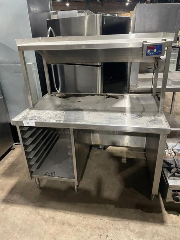 Custom Commercial Stainless Steel Enclosed Base Worktop Table! With Overhead Shelf & Prince Castle Merlin II Series Commercial Single-Function Digital Timer! With Enclosed Pan-Slide Cabinet Underneath! On Legs! - Image 1 of 9