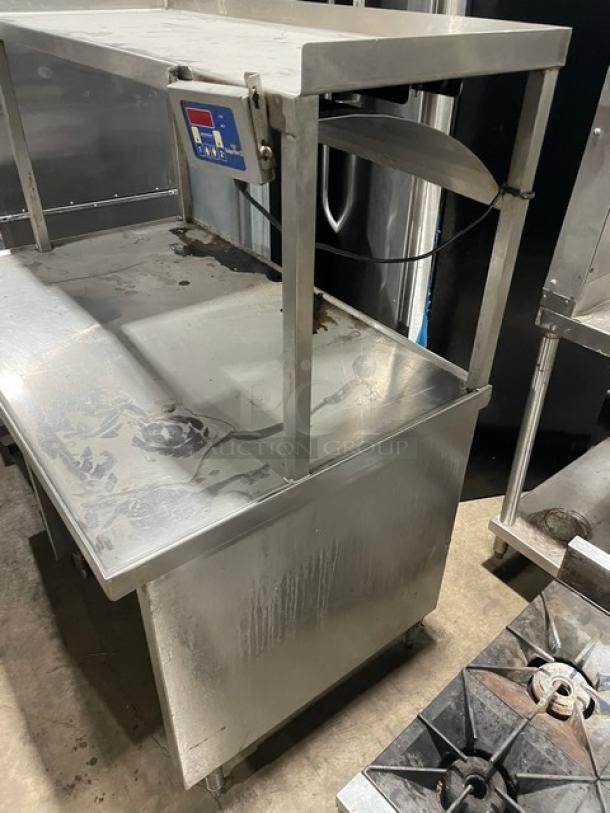 Custom Commercial Stainless Steel Enclosed Base Worktop Table! With Overhead Shelf & Prince Castle Merlin II Series Commercial Single-Function Digital Timer! With Enclosed Pan-Slide Cabinet Underneath! On Legs! - Image 3 of 9