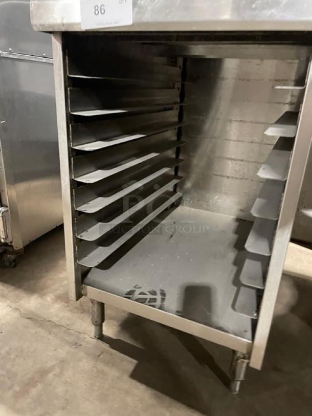Custom Commercial Stainless Steel Enclosed Base Worktop Table! With Overhead Shelf & Prince Castle Merlin II Series Commercial Single-Function Digital Timer! With Enclosed Pan-Slide Cabinet Underneath! On Legs! - Image 7 of 9
