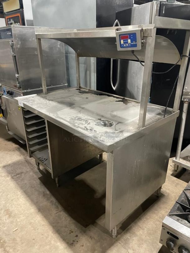 Custom Commercial Stainless Steel Enclosed Base Worktop Table! With Overhead Shelf & Prince Castle Merlin II Series Commercial Single-Function Digital Timer! With Enclosed Pan-Slide Cabinet Underneath! On Legs! - Image 9 of 9
