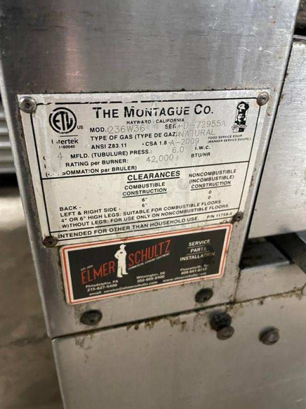 Montague Legend Series Commercial Stainless Steel Natural Gas Powered Heavy Duty 36" Double Stacked Deck-Style Infared Radiglo Broiler! With Individual Controls! Model: 236W36 SN: L7-D-72955A! On Legs! - Image 9 of 10