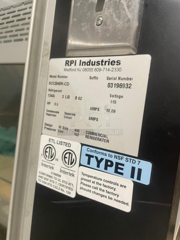 RPI Industries Commercial Black Powder Coated Multi-Level Refrigerated Open Grab-N-Go Bakery Merchandiser Display Case! With Upper Non-Refrigerated Dry Display Show Case! With Glass Shelves! With Rear Access Sliding Glass Doors! Model: SCCB48R-CD SN: 03196932! 115V! - Image 5 of 9