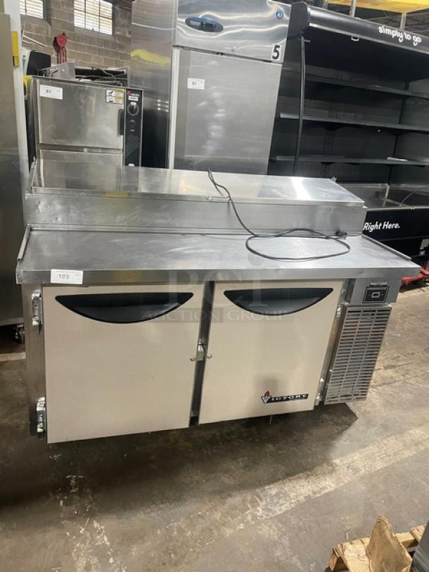 Victory Commercial Stainless Steel 2 Door Refrigerated Bain Marie Style Mega Top 65" Pizza Prep Table! With Poly Coated Wire Racks! Model: VPT-65 SN: M0756727! 115V 1 Phase! On Casters! - Image 1 of 9