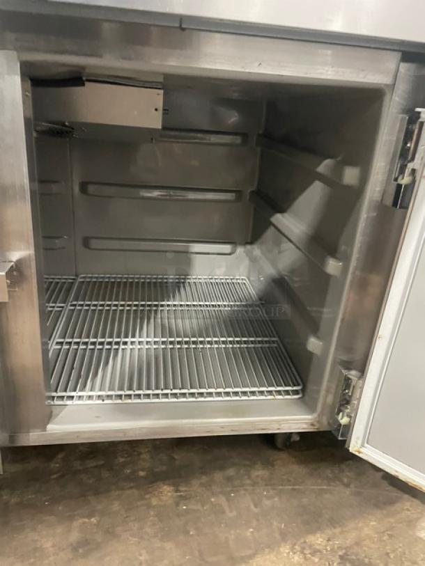 Victory Commercial Stainless Steel 2 Door Refrigerated Bain Marie Style Mega Top 65" Pizza Prep Table! With Poly Coated Wire Racks! Model: VPT-65 SN: M0756727! 115V 1 Phase! On Casters! - Image 6 of 9