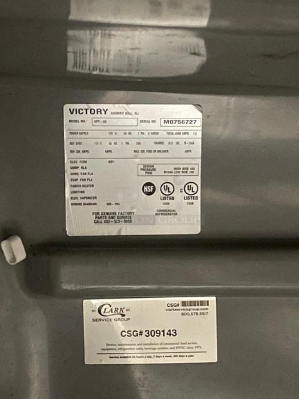 Victory Commercial Stainless Steel 2 Door Refrigerated Bain Marie Style Mega Top 65" Pizza Prep Table! With Poly Coated Wire Racks! Model: VPT-65 SN: M0756727! 115V 1 Phase! On Casters! - Image 8 of 9