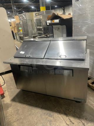 True Commercial Stainless Steel 2 Door Refrigerated Bain Marie Style Mega Top Salad/Sandwich Prep Table! With Poly Coated Wire Racks! Model: TSSU-60-24M-B-ST SN: 8931352! 115V 1 Phase! On Casters!