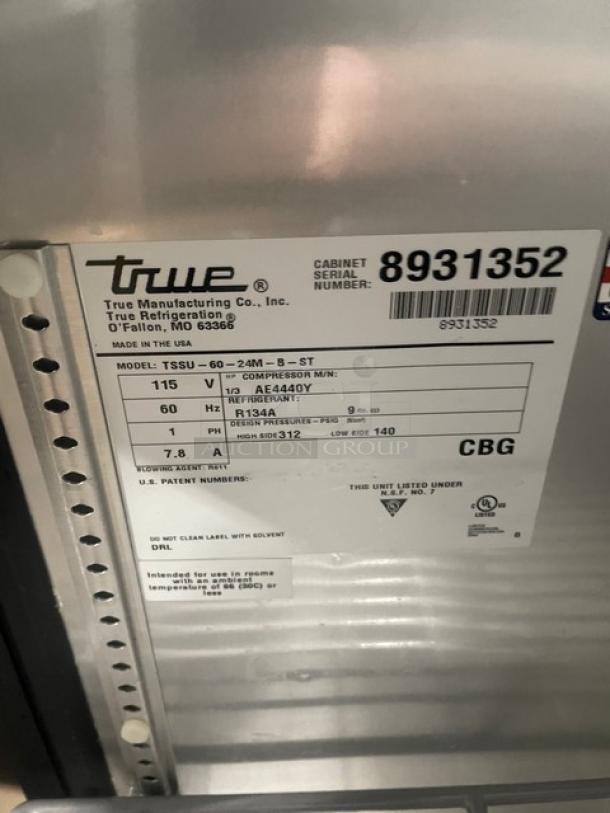 True Commercial Stainless Steel 2 Door Refrigerated Bain Marie Style Mega Top Salad/Sandwich Prep Table! With Poly Coated Wire Racks! Model: TSSU-60-24M-B-ST SN: 8931352! 115V 1 Phase! On Casters! - Image 7 of 9