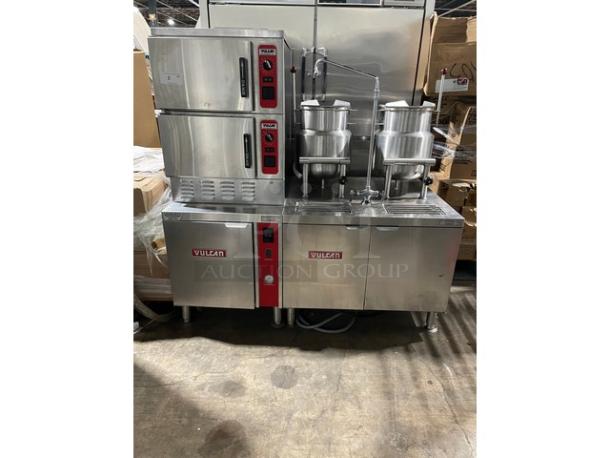 Vulcan Boiler-Base Series Commercial Stainless Steel Natural Gas Powered Dual Compartment Steam Cabinet! With Individual Controls! Model: VHX24G SN: 46-2005342! 120V 1 Phase! On Legs! With Vulcan Commercial Stainless Steel 2/3 Jacketed Direct Steam Double 24 Qt. Tilting Kettles! Mounted On High Cabinet Base! With Single Swivel Deck Faucet! Model: 2T2036D SN: 46-2005343/N323/N324! 115V 1 Phase! On Legs! 2X Your Bid Makes One Unit! - Image 1 of 16