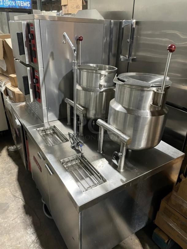 Vulcan Boiler-Base Series Commercial Stainless Steel Natural Gas Powered Dual Compartment Steam Cabinet! With Individual Controls! Model: VHX24G SN: 46-2005342! 120V 1 Phase! On Legs! With Vulcan Commercial Stainless Steel 2/3 Jacketed Direct Steam Double 24 Qt. Tilting Kettles! Mounted On High Cabinet Base! With Single Swivel Deck Faucet! Model: 2T2036D SN: 46-2005343/N323/N324! 115V 1 Phase! On Legs! 2X Your Bid Makes One Unit! - Image 2 of 16
