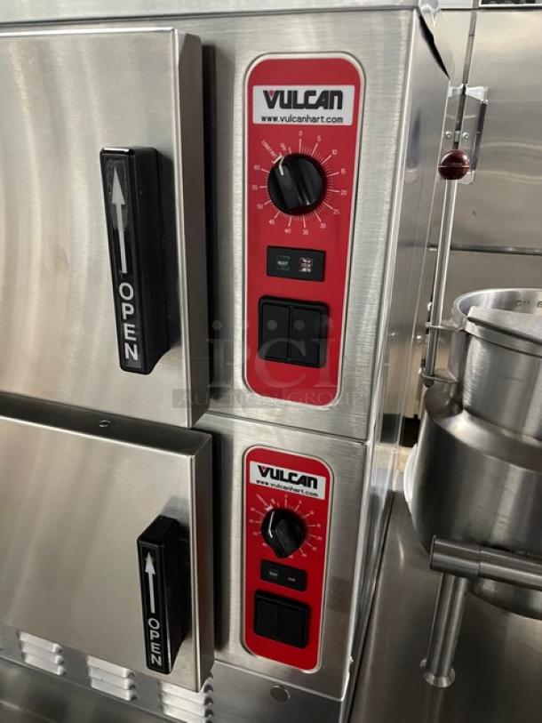 Vulcan Boiler-Base Series Commercial Stainless Steel Natural Gas Powered Dual Compartment Steam Cabinet! With Individual Controls! Model: VHX24G SN: 46-2005342! 120V 1 Phase! On Legs! With Vulcan Commercial Stainless Steel 2/3 Jacketed Direct Steam Double 24 Qt. Tilting Kettles! Mounted On High Cabinet Base! With Single Swivel Deck Faucet! Model: 2T2036D SN: 46-2005343/N323/N324! 115V 1 Phase! On Legs! 2X Your Bid Makes One Unit! - Image 6 of 16