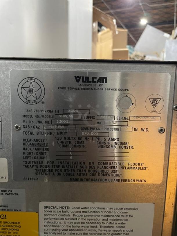 Vulcan Boiler-Base Series Commercial Stainless Steel Natural Gas Powered Dual Compartment Steam Cabinet! With Individual Controls! Model: VHX24G SN: 46-2005342! 120V 1 Phase! On Legs! With Vulcan Commercial Stainless Steel 2/3 Jacketed Direct Steam Double 24 Qt. Tilting Kettles! Mounted On High Cabinet Base! With Single Swivel Deck Faucet! Model: 2T2036D SN: 46-2005343/N323/N324! 115V 1 Phase! On Legs! 2X Your Bid Makes One Unit! - Image 10 of 16