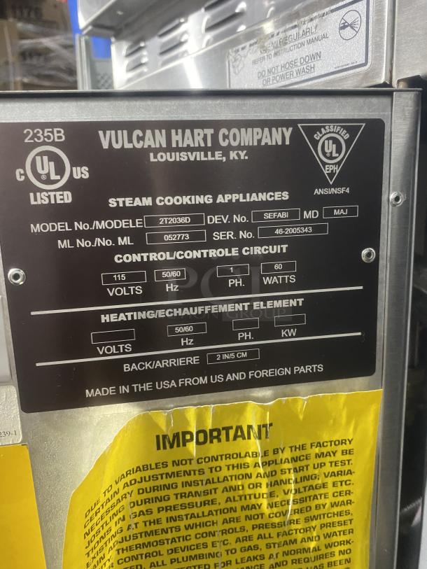 Vulcan Boiler-Base Series Commercial Stainless Steel Natural Gas Powered Dual Compartment Steam Cabinet! With Individual Controls! Model: VHX24G SN: 46-2005342! 120V 1 Phase! On Legs! With Vulcan Commercial Stainless Steel 2/3 Jacketed Direct Steam Double 24 Qt. Tilting Kettles! Mounted On High Cabinet Base! With Single Swivel Deck Faucet! Model: 2T2036D SN: 46-2005343/N323/N324! 115V 1 Phase! On Legs! 2X Your Bid Makes One Unit! - Image 11 of 16
