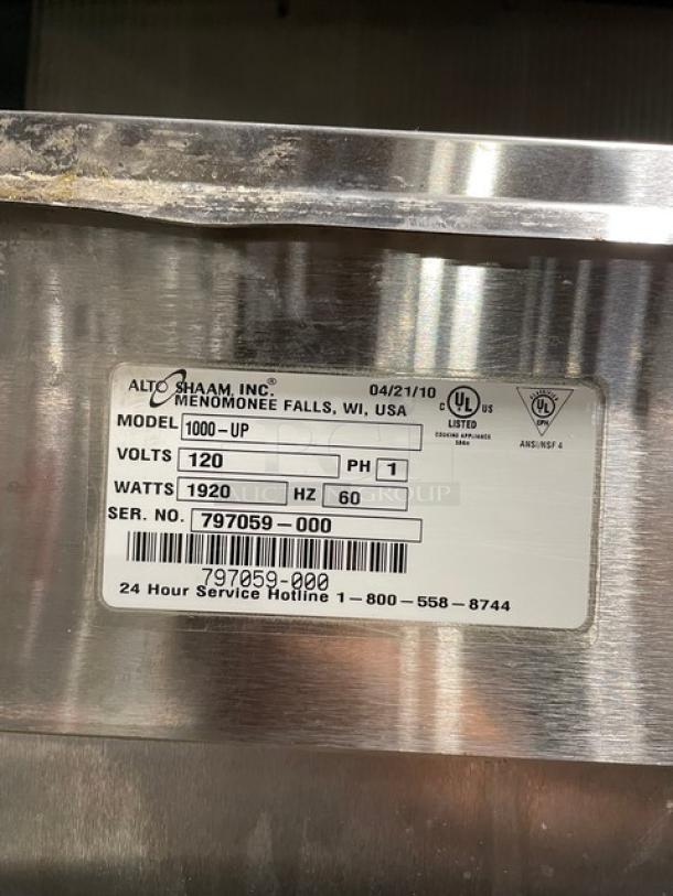 Alto-Shaam Halo Heat Series Commercial Stainless Steel Solid Dutch Door Dual Compartment Mobile Heated Holding/Proofing Cabinet! With Built In Pan Holding Racks! Model: 1000-UP SN: 797059-000! 120V 1 Phase! On Casters! - Image 9 of 9