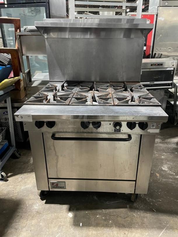 Southbend Commercial Stainless Steel Natural Gas Powered 6 Burner Range/Oven Combo! With Back Splash & Overhead Salamander Shelf! With Wired Oven Racks! Model: X366D! On Casters! - Image 1 of 12