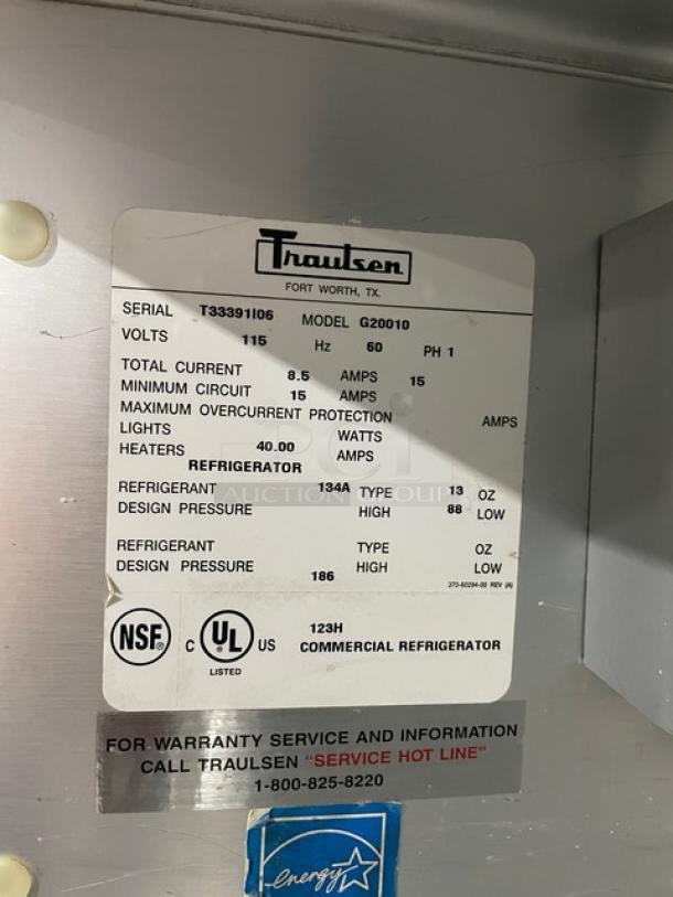 Traulsen G-Series Commercial Stainless Steel Solid 2 Door Reach In Refrigerator! Energy Star Certified! With Poly Coated Wire Racks! Model: G20010 SN: T33391I06! 115V 1 Phase! On Casters! - Image 6 of 10