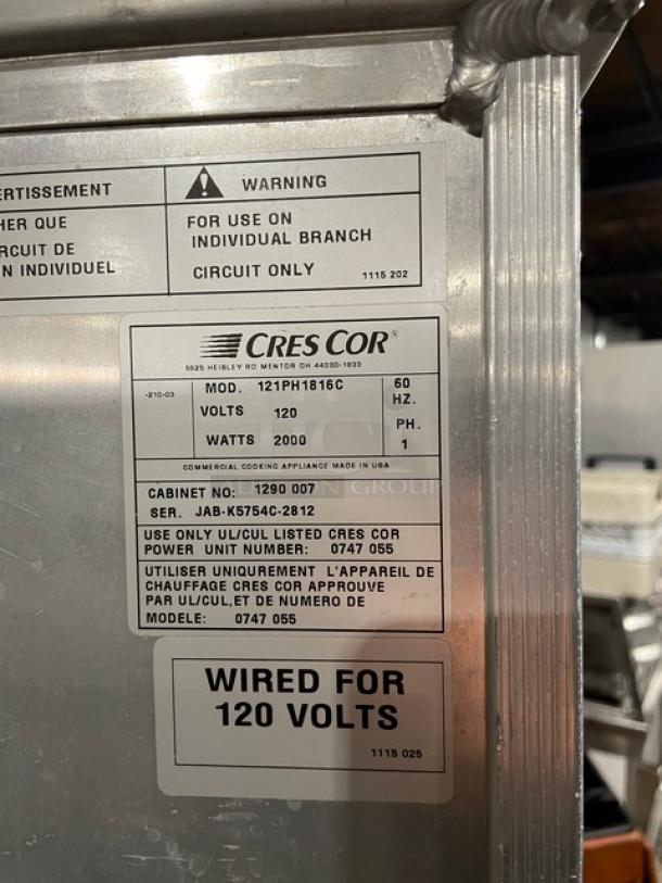 Cres-Cor Commercial Stainless Steel Electric Powered Heated Holding/Proofing Cabinet! With Clear Door! With Built In Pan Slides! Model: 121PH1816C SN: JAB-K5754C-2812! 120V1 Phase! On Casters! - Image 9 of 10