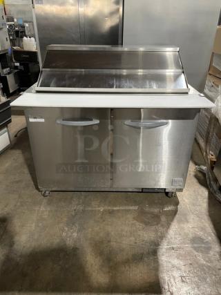 Kool-It Ikon Series Commercial Stainless Steel 2 Door Refrigerated Bain Marie Style Mega Top Salad/Sandwich Prep Table! With Removable Cutting Board! With Poly Coated Wire Racks! Model: KSP48M SN: KSP48M9084177! 115V 1 Phase! On Casters!